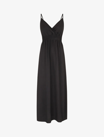 Robe longue unie à taille et dos élastiqués - Noir - 1