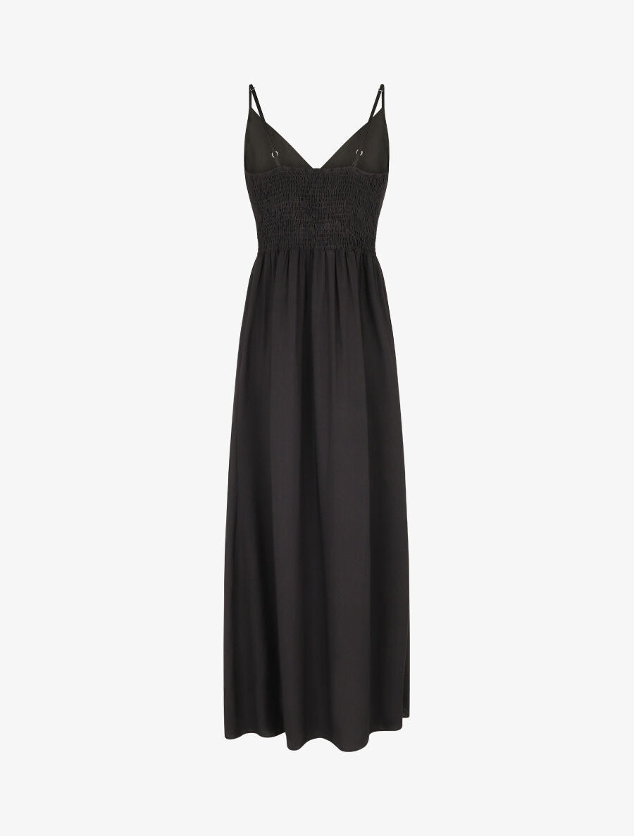 Robe longue unie à taille et dos élastiqués - Noir - 2