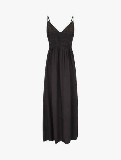 Robe longue unie à taille et dos élastiqués - Noir - 2