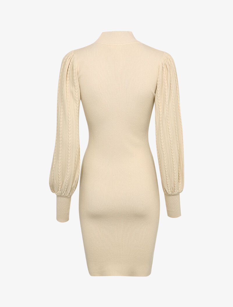 Robe pull à manches bouffantes en maille tressée - Beige - 2