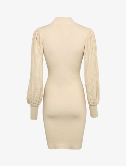Robe pull à manches bouffantes en maille tressée - Beige - 2