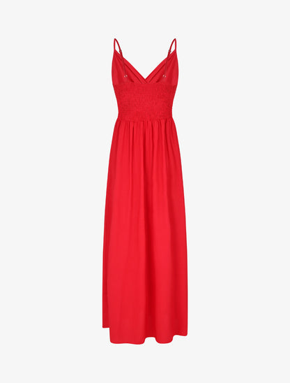 Robe longue unie à taille et dos élastiqués - Rouge - 2