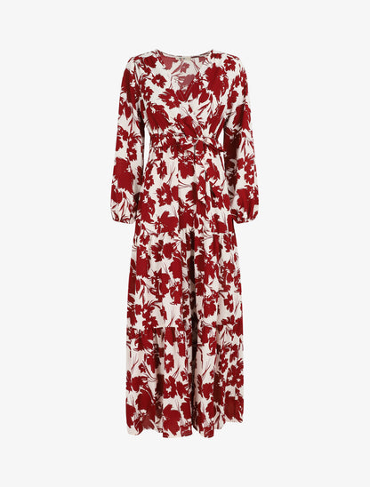 Robe longue empire imprimé fleurs abstraites - Rouge - 4