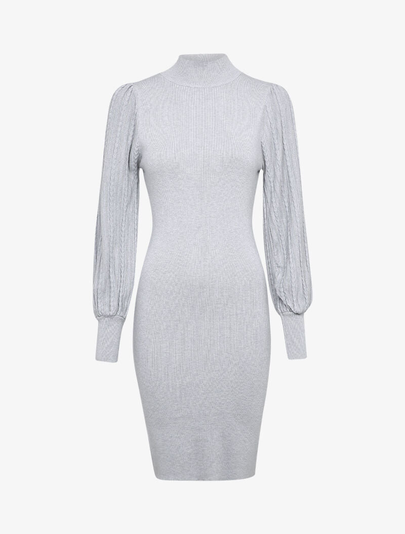 Robe pull à manches bouffantes en maille tressée - Gris - 4