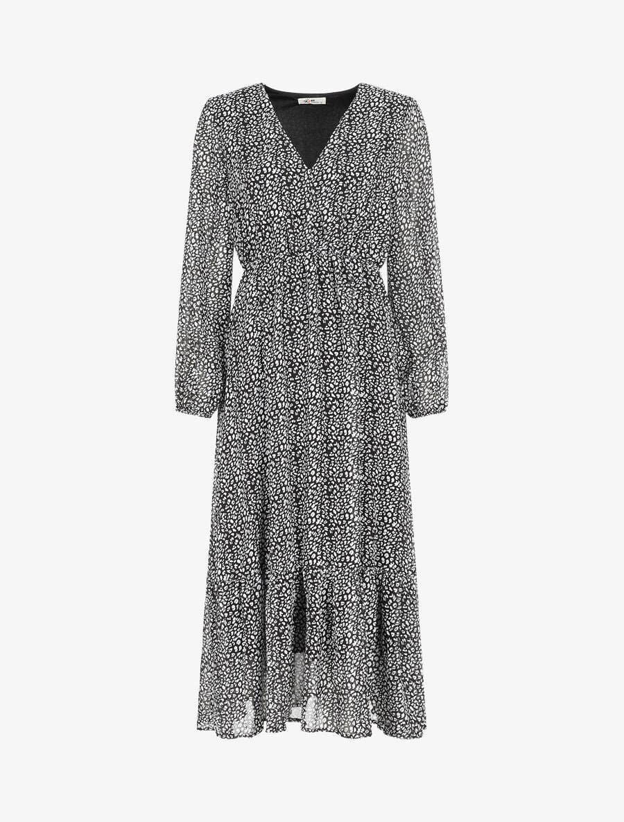 Robe longue col V imprimé léopard - Noir - 1