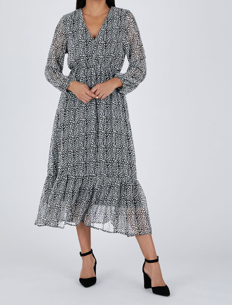 Robe longue col V imprimé léopard - Noir - 4