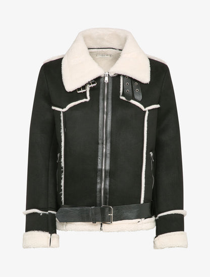Veste style peau lainée en suédine - Noir - 1