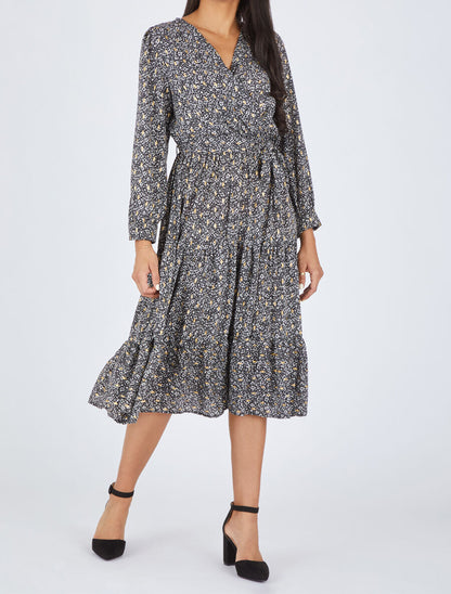 Robe mi-longue à petites fleurs - Noir - 4