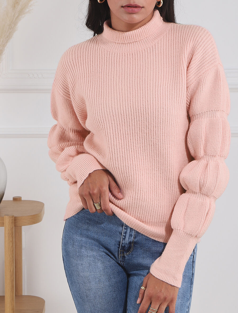Pull en laine mélangée à manches élastiquées - Rose - 1