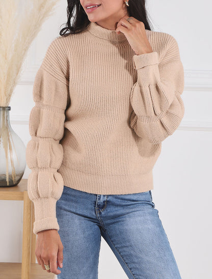 Pull en laine mélangée à manches élastiquées - Beige - 4