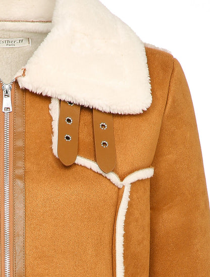 Veste style peau lainée en suédine - Camel - 3
