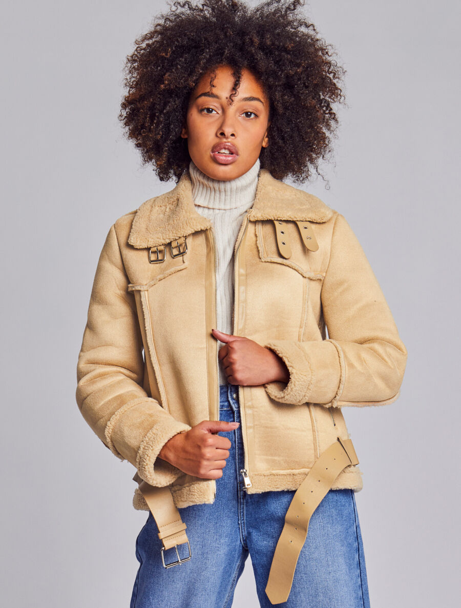 Veste style peau lainée en suédine - Beige - 4