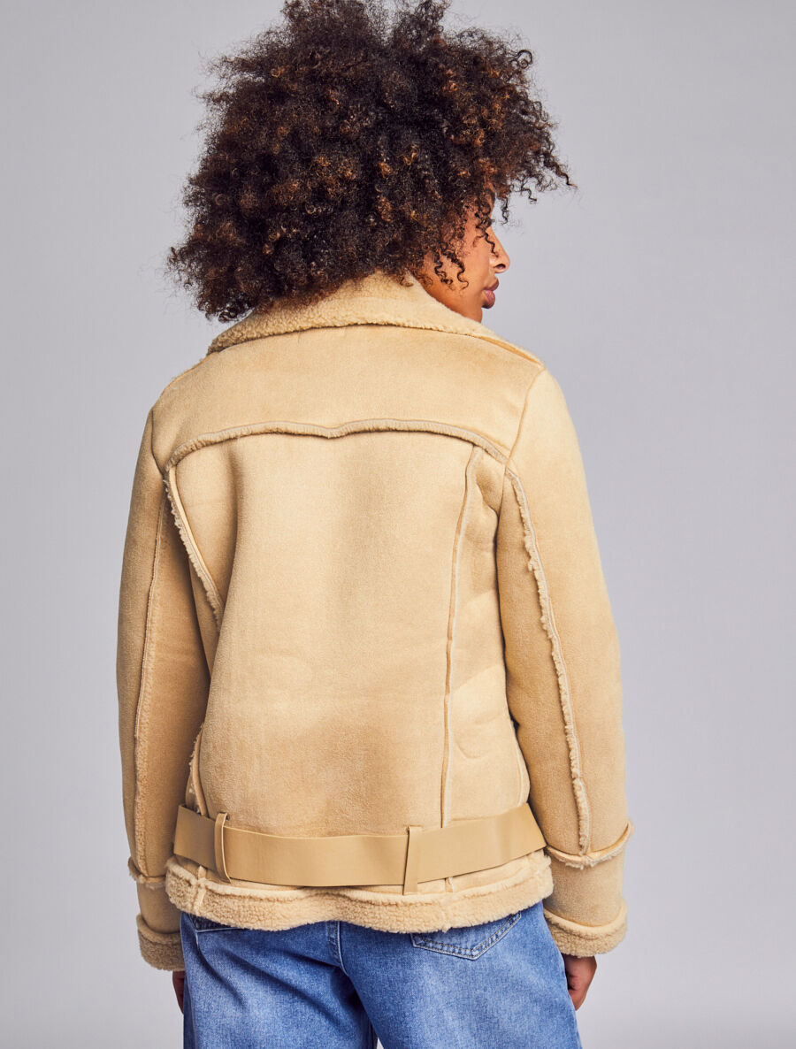 Veste style peau lainée en suédine - Beige - 5