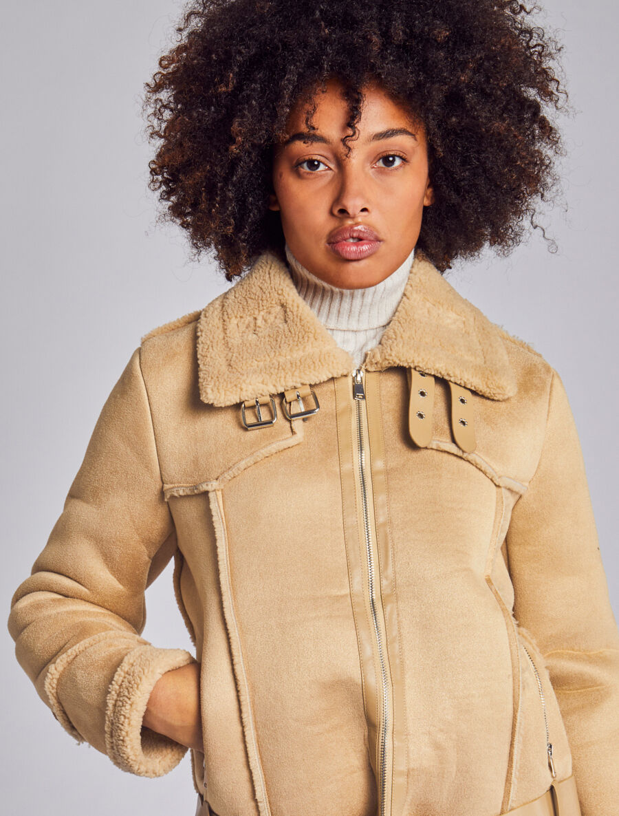 Veste style peau lainée en suédine - Beige - 6