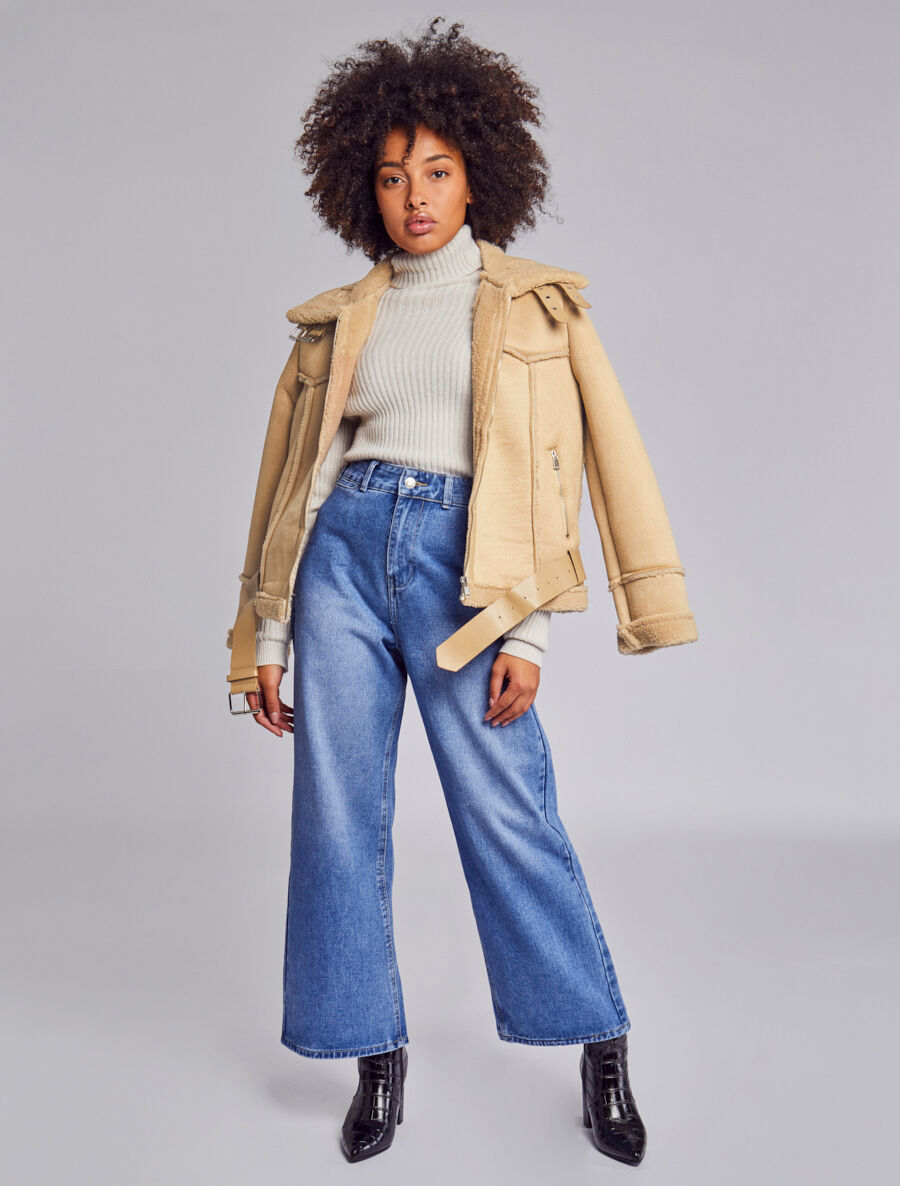 Veste style peau lainée en suédine - Beige - 7