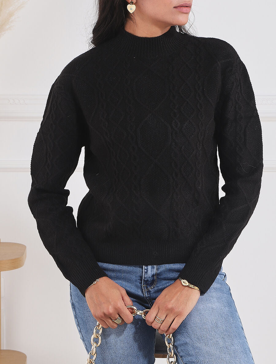 Pull en laine mélangée à motif lignes entrelacées - Noir - 4