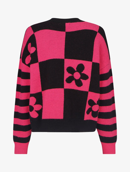 Pull droit à motif fleurs et damier - Noir/rose - 2