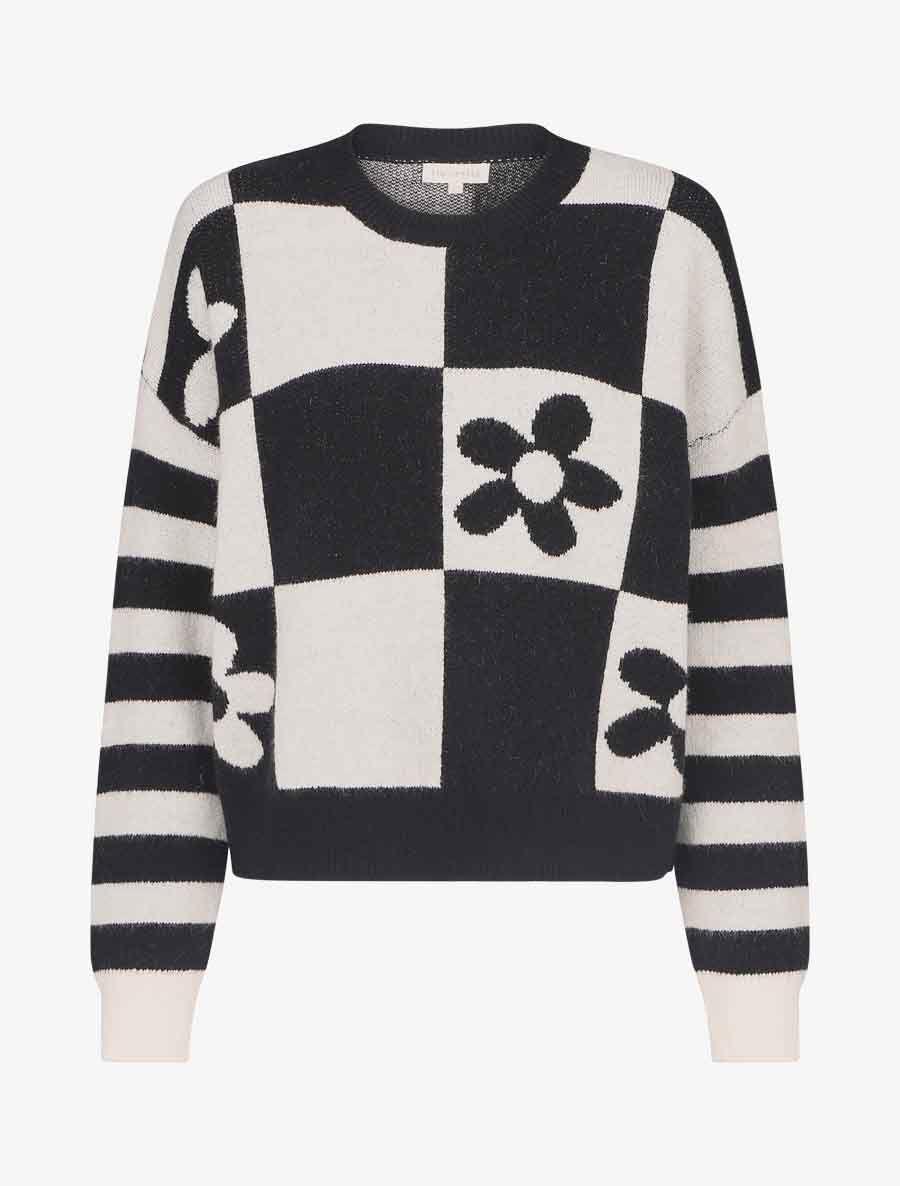 Pull droit à motif fleurs et damier - Noir/écru - 1