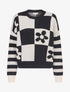Pull droit à motif fleurs et damier - Noir/écru - 1