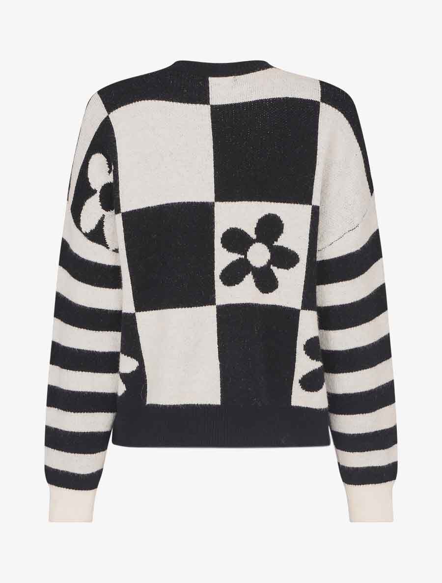 Pull droit à motif fleurs et damier - Noir/écru - 2