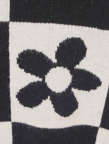 Pull droit à motif fleurs et damier - Noir/écru - 3