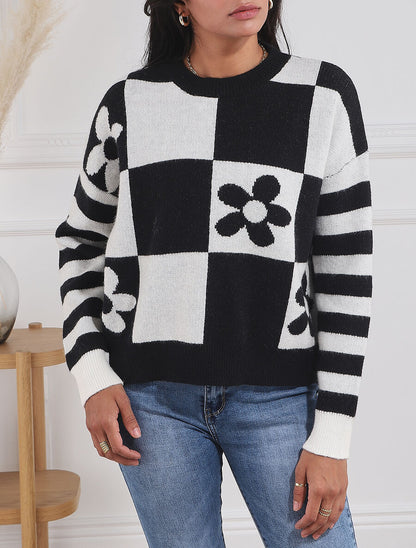 Pull droit à motif fleurs et damier - Noir/écru - 4