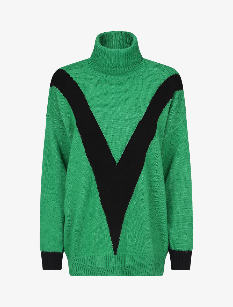 Pull col roulé à motif V - Noir/vert - 1