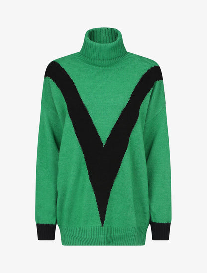 Pull col roulé à motif V - Noir/vert - 1