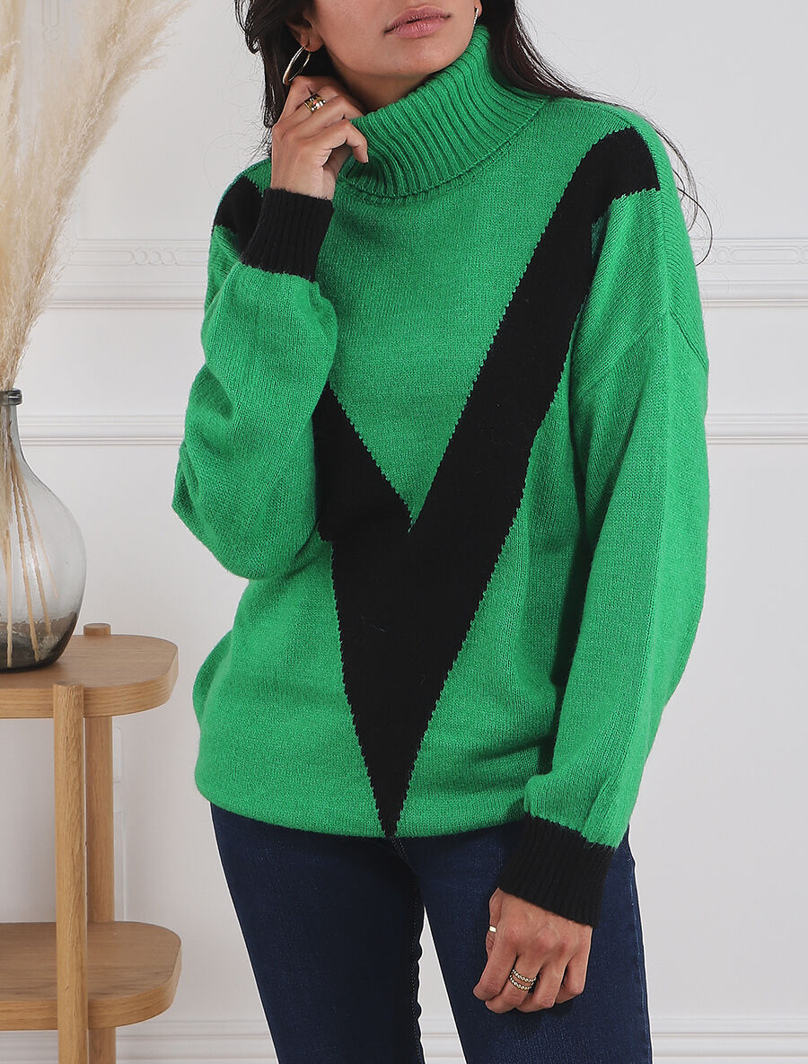 Pull col roulé à motif V - Noir/vert - 4
