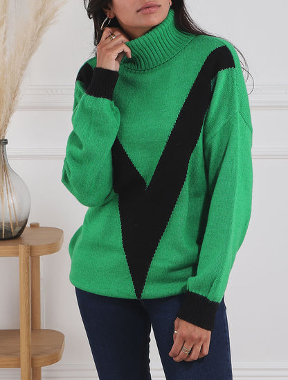 Pull col roulé à motif V - Noir/vert - 4