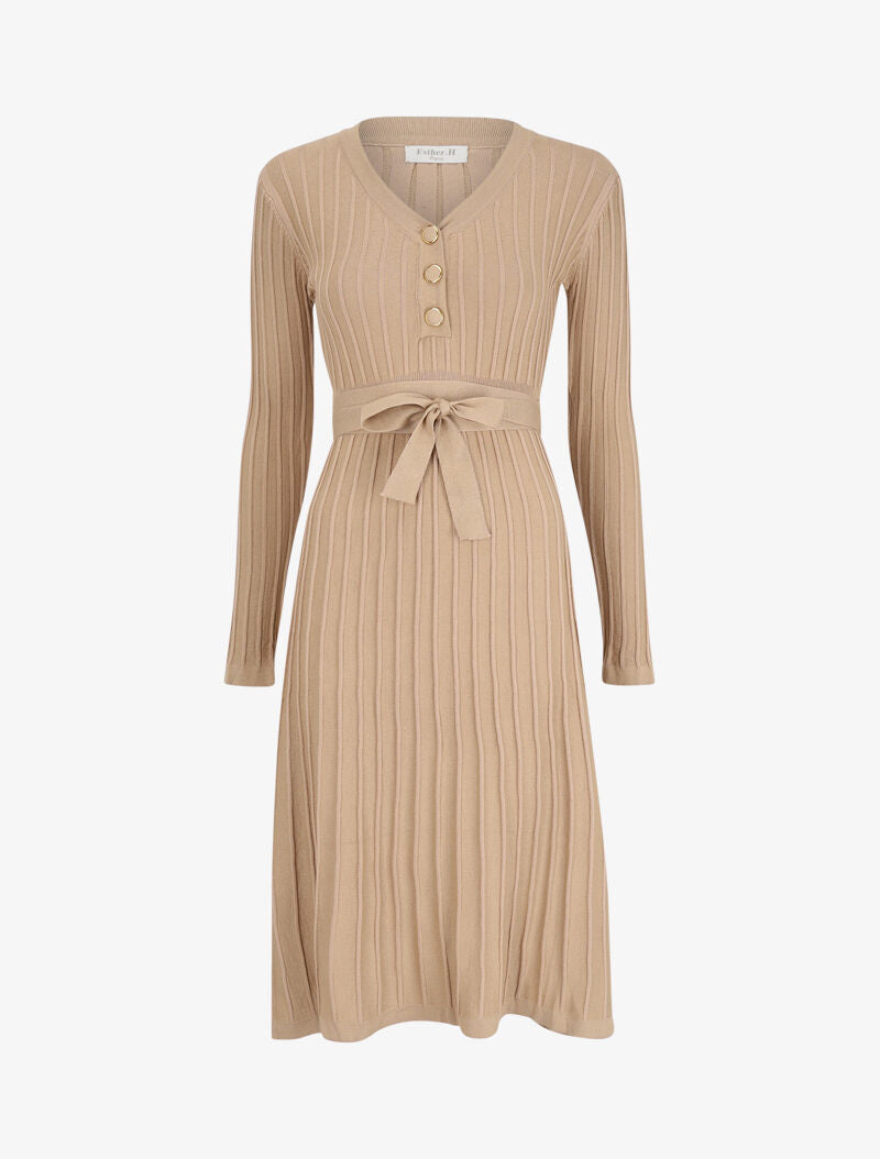 Robe pull côtelée coupe patineuse - Beige - 1