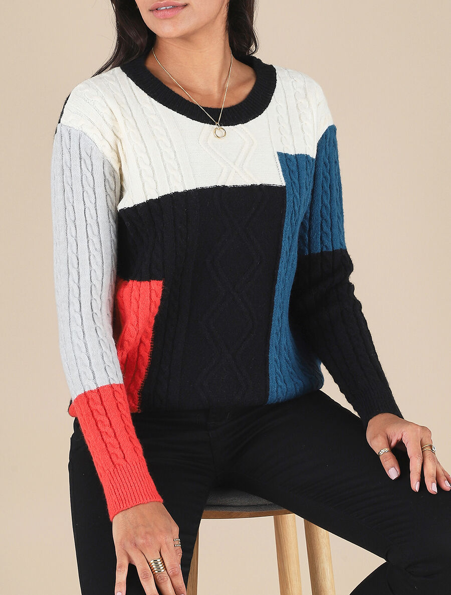 Pull col rond à motif quadrillé - Noir - 4