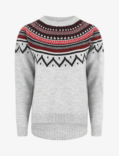 Pull col rond à motif norvégien - Gris - 1