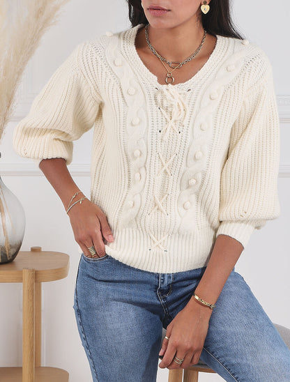 Pull corseté à manches bouffantes - Blanc - 4