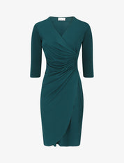 Robe unie drapée style portefeuille - Bleu canard - 5
