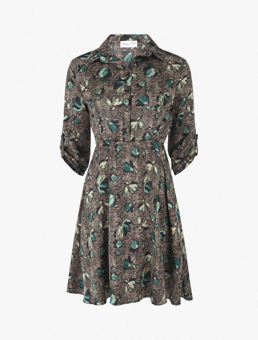 Robe florale satinée et évasée - Vert - 1