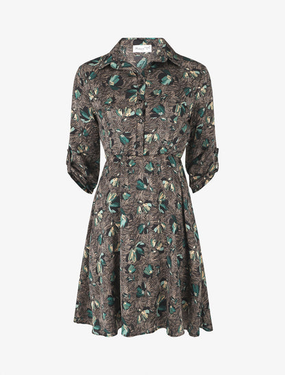 Robe florale satinée et évasée - Vert - 1