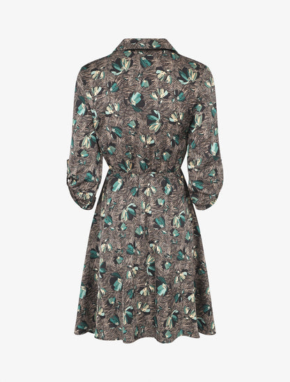 Robe florale satinée et évasée - Vert - 2