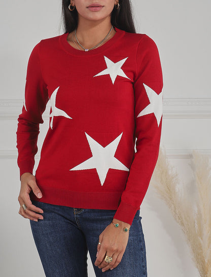 Pull droit à motif étoiles - Rouge - 4