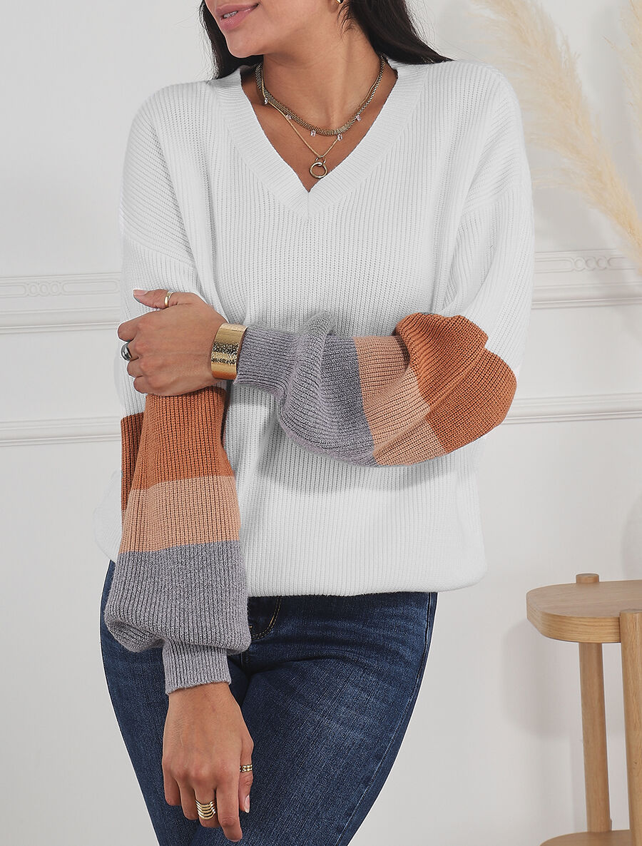 Pull oversize manches longues rayées - Blanc - 4