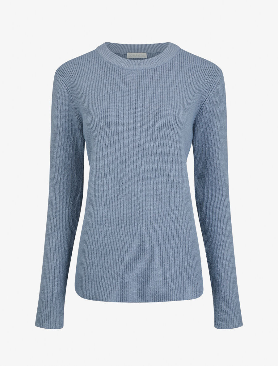 Pull droit côtelé en laine mélangée - Bleu gris - 1