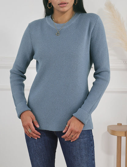 Pull droit côtelé en laine mélangée - Bleu gris - 4