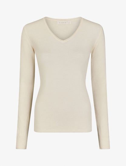 Pull fin en laine mélangée à col V - Beige - 1