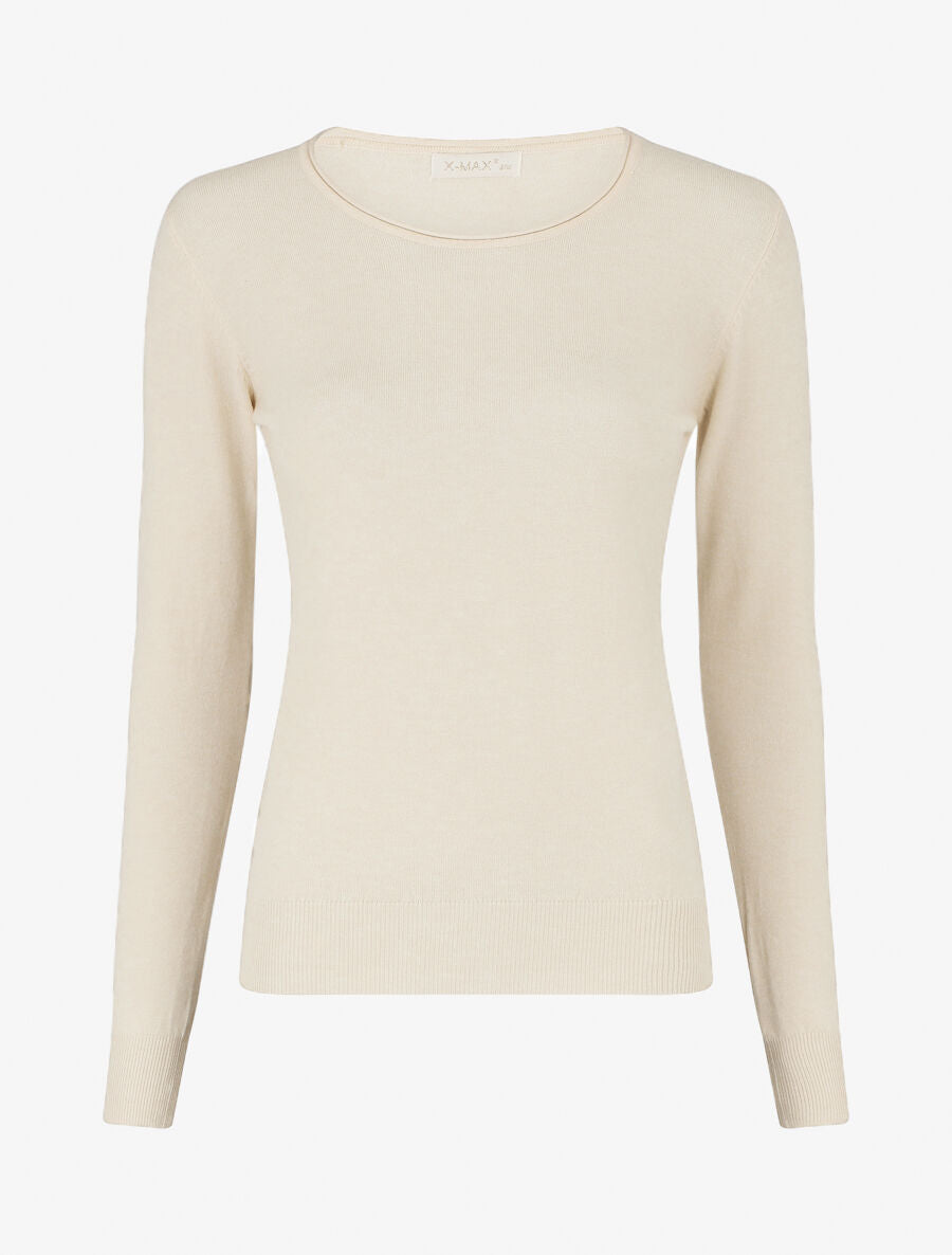 Pull fin en laine mélangée à col rond - Beige - 1