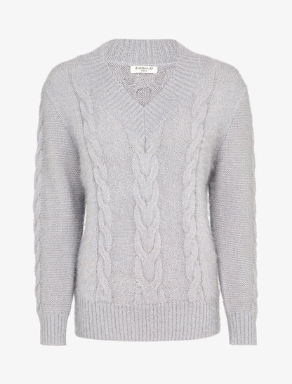 Pull en maille duveteuse tressée - Gris clair - 1