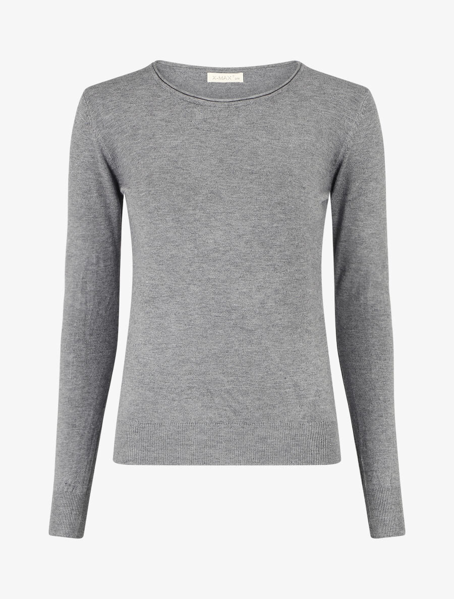 Pull fin en laine mélangée à col rond - Gris - 1