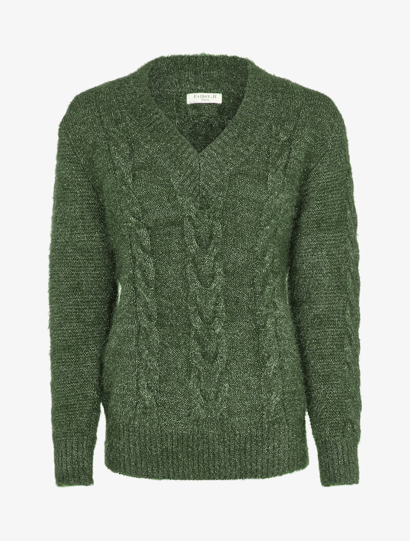 Pull en maille duveteuse tressée - Kaki - 5