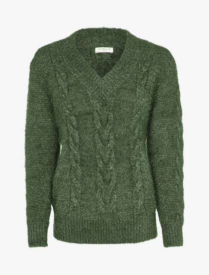 Pull en maille duveteuse tressée - Kaki - 5