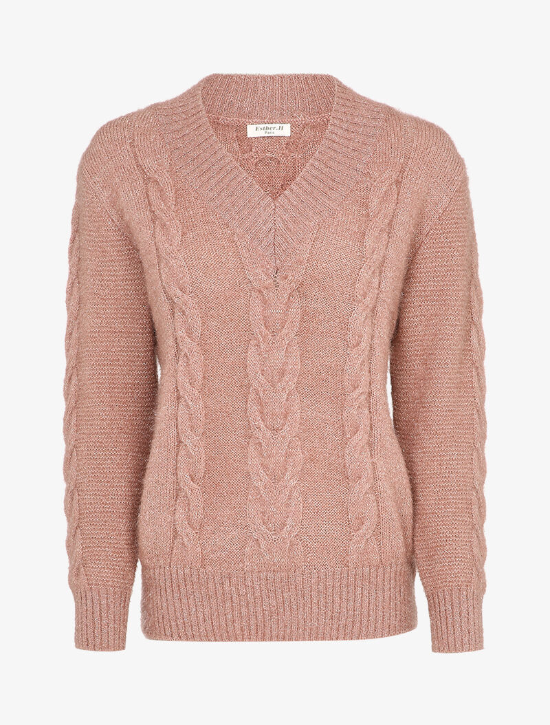 Pull en maille duveteuse tressée - Rose poudré - 4