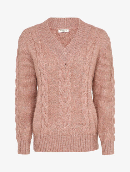 Pull en maille duveteuse tressée - Rose poudré - 4
